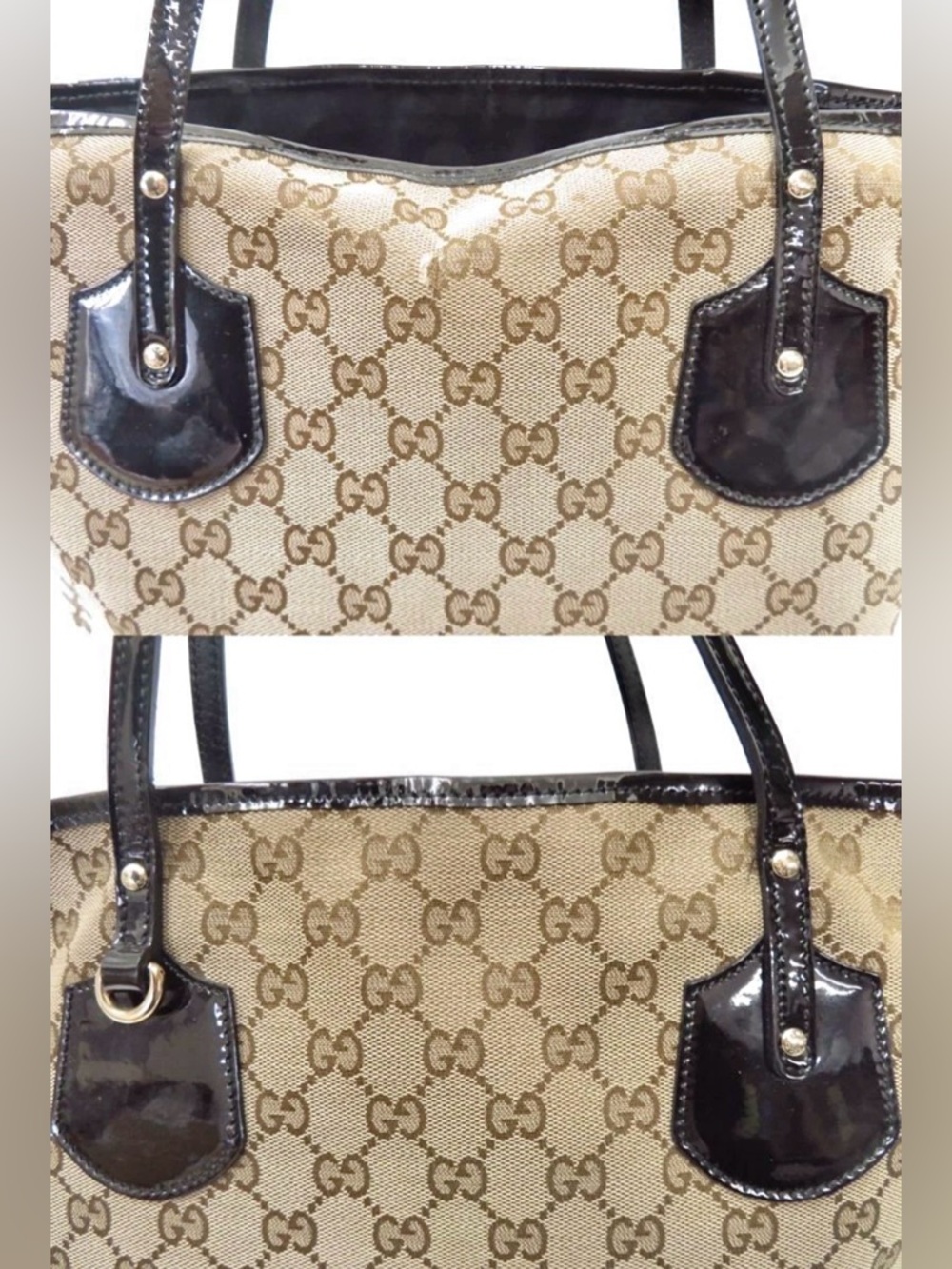 Gucci Beige GG Monogram Canvas Patent Leather Tote Bag - Picture 12 of 16